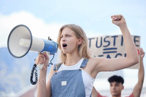 Preview: Justice, megaphone and woman protest for justice, community solidarity and human rights voice on ra