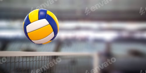 Preview: Volleyball ball and net in voleyball arena during a match.