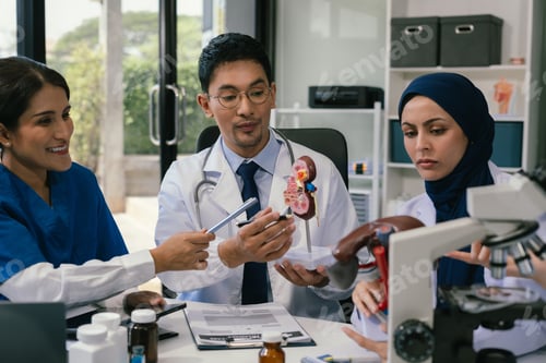 Visualização: Medicina, reunião e laptop para a equipe no escritório em discussão, brainstorming e planejamento.