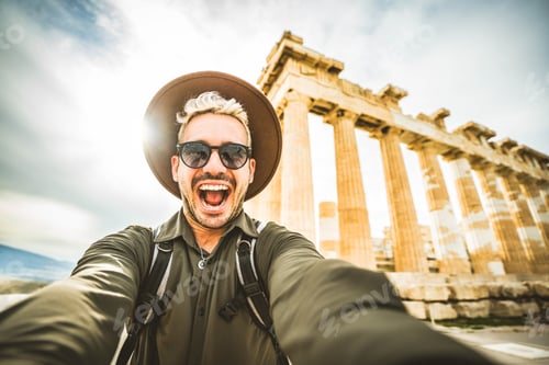 Preview: Happy tourist visiting the Acropolis of Athens, Greece