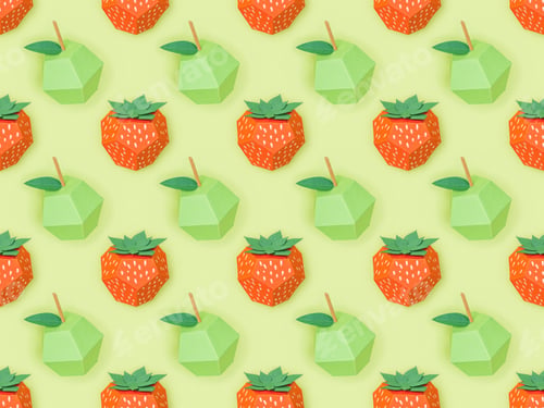 Preview: top view of textured pattern with handmade paper strawberries and apples isolated on green