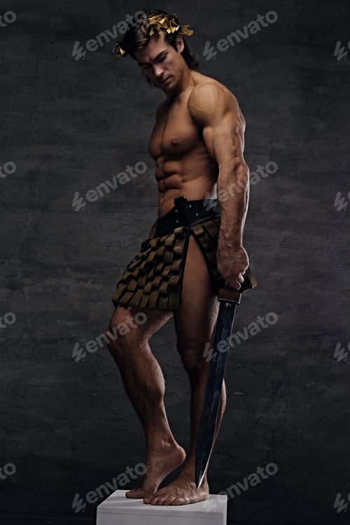 Preview: Athletic male in ancient Rome costume and the garland on head.