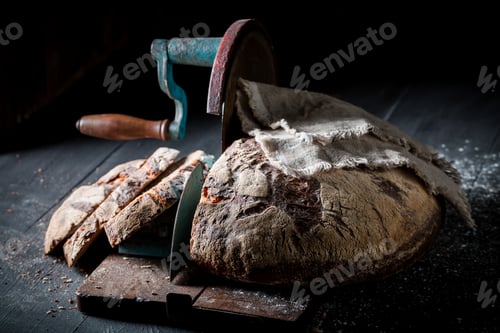 Preview: Homemade loaf of bread on slicer on dark table