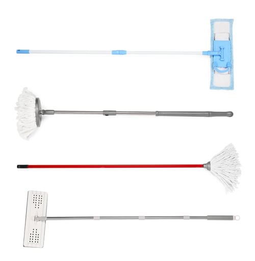 Preview: Set of different mops on white background, top view