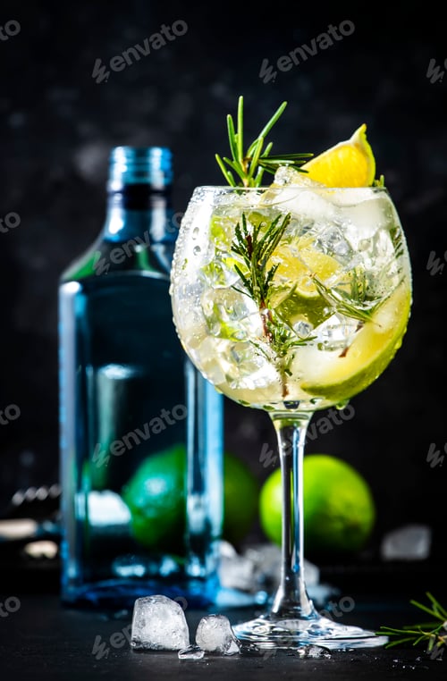 Preview: Gin tonic cocktail with dry gin, rosemary, tonic, lime and ice cubes in wine glass