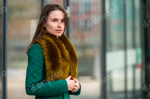 Preview: portrait of an elegantly dressed business woman at a glazed building in a financial district