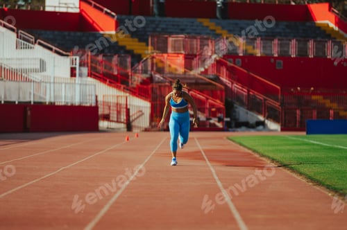 Preview: Portrait of a female runner in a blue active wear racing at the stadium