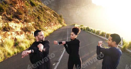 Preview: Fitness, friends and stretching on road for warm up, training and exercise preparation. People, rea
