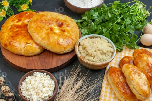 Preview: Side view of fresh delicious pastries eggs green flour in a brown pot on blackground