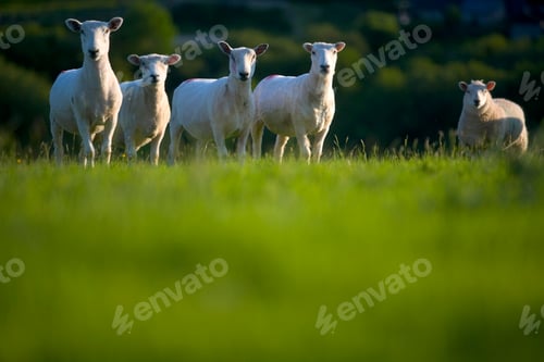 Preview: Surface view of green pasture with small herd of sheep.