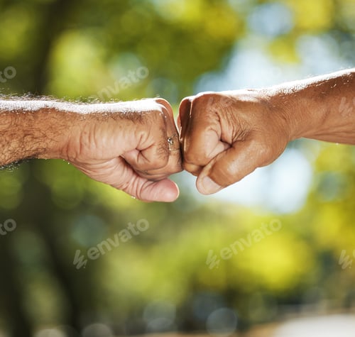 Preview: Man, friends and fist bump in nature for motivation, teamwork or support in trust or unity. Closeup