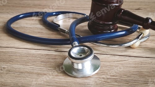 Preview: Gavel and stethoscope on a wooden table, symbolizing the intersection of medicine and law.