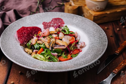 Preview: Fresh seafood cocktail in plate on wood background