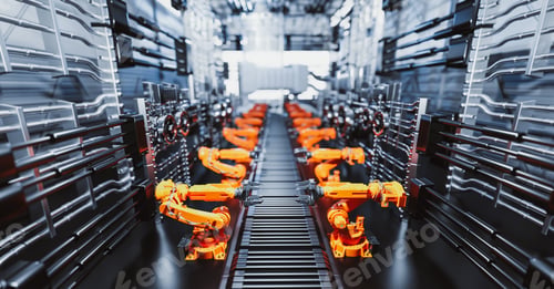 Preview: Robotic arms along assembly line in modern factory.