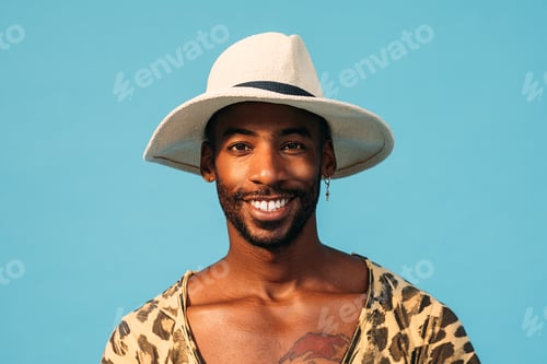 Preview: Smiling guy in straw hat looking at camera while standing in studio over blue background