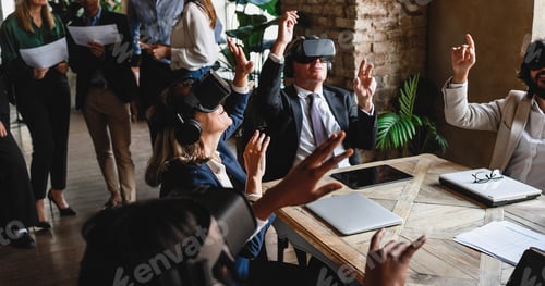 Preview: Multiethnic business people wearing vr goggles inside office - Focus on senior woman face
