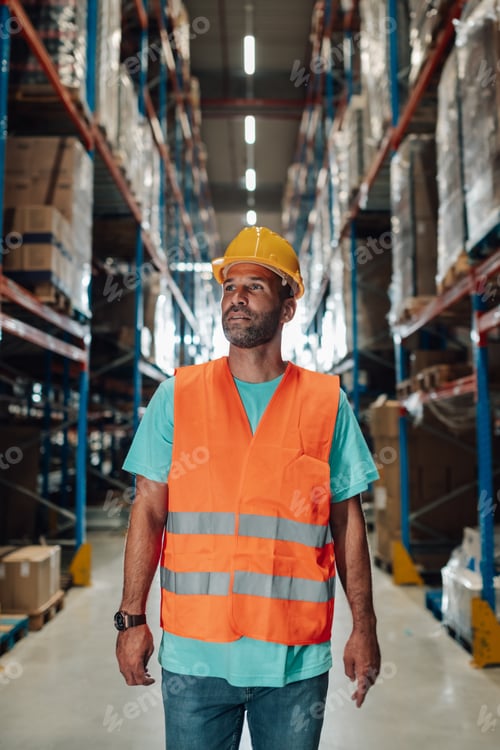 Preview: Warehouse worker walking and checking goods distribution in large depot
