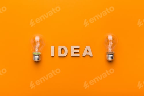 Preview: Creative background with light bulbs and Idea inscription