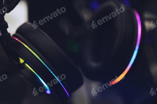 Preview: Close up of Computer RGB gaming headphones, Illuminated by colored LED
