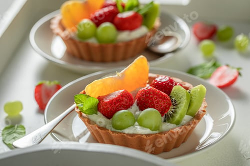 Preview: Sweet mini tart with strawberries and kiwi. Simple summer dessert.