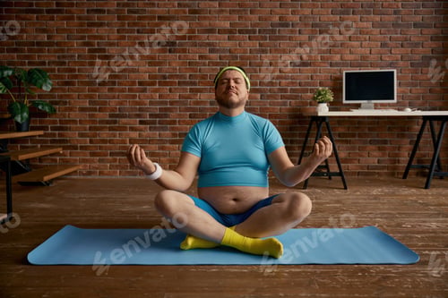 Preview: Relaxed fat sportsman meditating sitting on mat at home