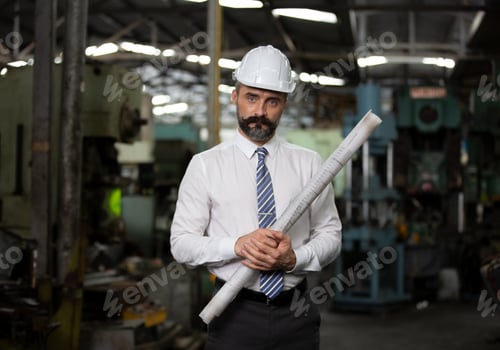 Preview: The bearded hipster engineer hand holding blueprint standing against cnc machine in production in
