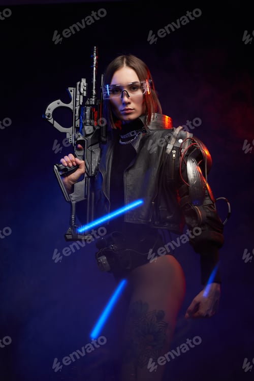 Preview: Futuristic female agent armed with rifle posing in dark background