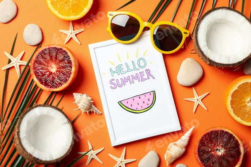 Preview: Frame with Hello summer and vacation accessories on orange background, top view