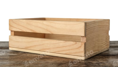 Preview: Empty rustic wooden crate on table against white background