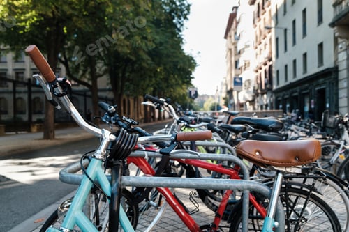 Preview: Rack with a lot of bikes in street.