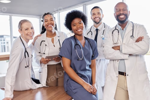 Preview: Smile, portrait and hospital doctors, people or surgeon team for healthcare, help services or medic