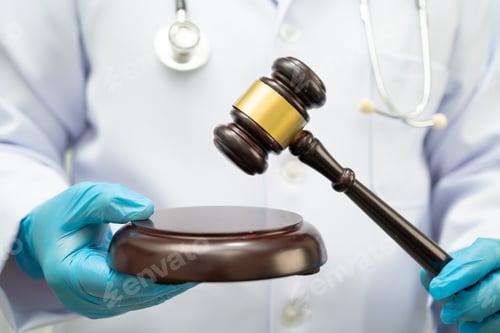 Preview: Doctor holding judge gavel, forensic medicine, medical law and crime justice.