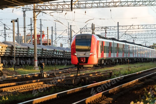 Preview: Modern intercity high speed train at sunset. Commercial suburban transportation concept.