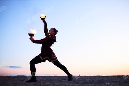 Preview: Woman Dancing with Flaming Bowls Performing in Fire Show