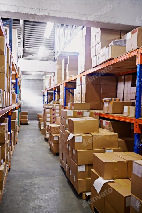 Preview: Awaiting shipment. Large warehouse storage shelves with boxes packed on them.