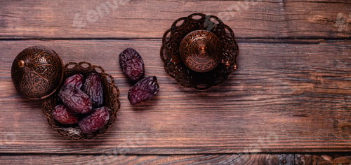 Preview: Dried dates fruit and coffee. Popular fruit of Ramadan.