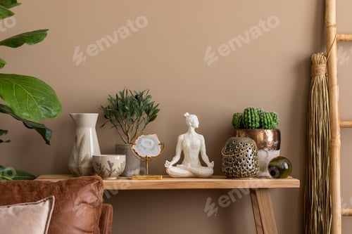 Preview: Warm and cozy living room interior with colorful pillows, personal accessories. Home decor. Template