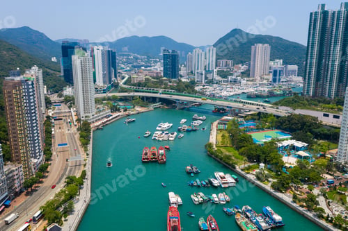 Preview: Aberdeen, Hong Kong 12 May 2019: Aerial view of Hong Kong typhoon shelter in aberdeen