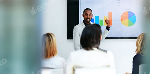 Preview: Business man, presentation portrait and screen for data analysis, pie chart proposal and infographi