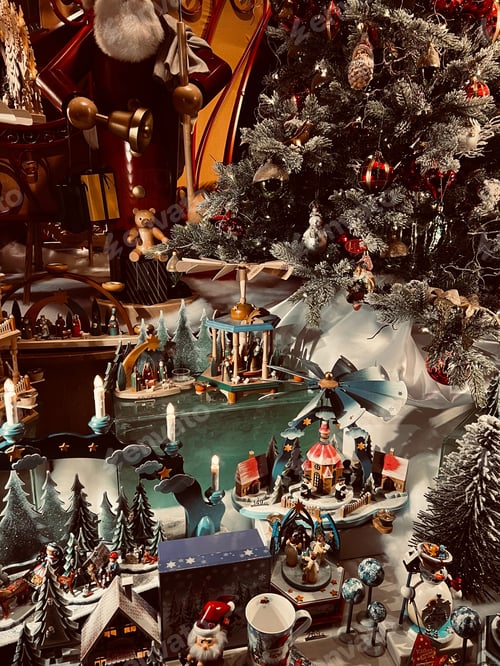 Preview: Vertical shot of a kiosk with Christmas decorations and a tree at the Christmas market