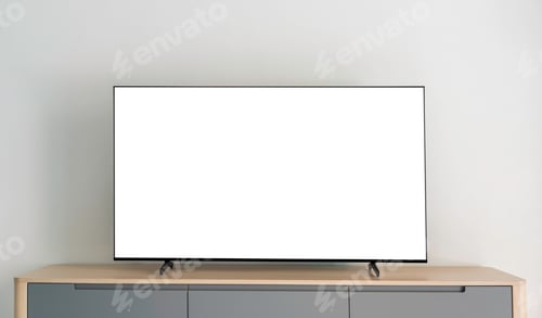 Preview: Empty monitor white on desk, Television digital home entertainment board on top table well space