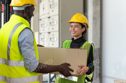 Preview: Asian woman and black man worker holding cardboard box preparing product for shipment at warehouse
