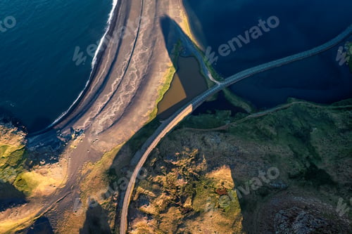 Preview: Winding highway on rogged geological area by atlantic peninsula in summer at Iceland