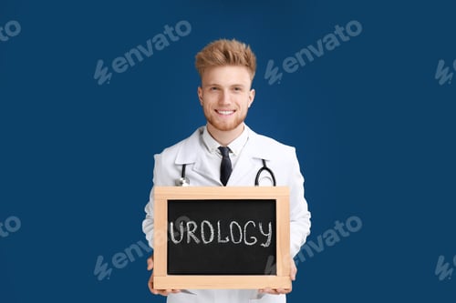 Preview: Male doctor holding small blackboard with word UROLOGY on blue background