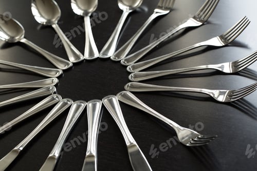 Preview: Cutlery on a black background. Fork, spoon, knife