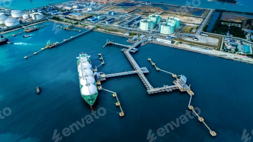 Preview: LNG (Liquified Natural Gas) tanker anchored in Gas terminal gas tanks for storage. Oil Crude