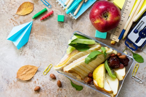 Preview: Back to school background. School lunch box, apple and school supplies, origami plane.