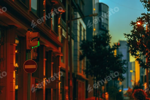 Preview: Pedestrian traffic light with green permissive signal on beautiful street background at sunset