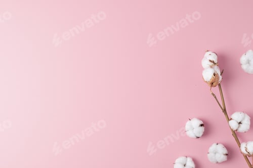 Preview: Cosmetic background with flowers on pink. Flat lay, copy space