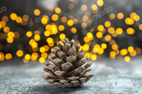 Preview: front view pinecone on dark isolated background xmas lights copy space